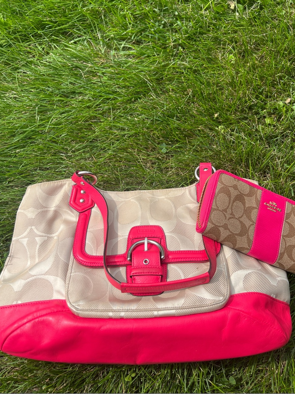 Coach Beige Signature Tote with Bright Pink Leather Accents and Matching Wallet